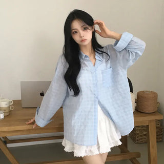 Delicate~ A Must-Have Item for the Summer Transitional Season: Check Pocket Loose Fit Long Sleeve Shirt