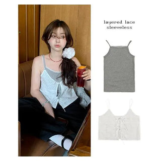 Merci Inner Lace Strap Sleeveless Square Neck Plain Layered Sleeveless Bustier Slim Fit