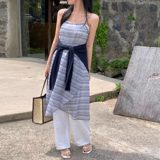 Norton Check Chiffon Layered Wrap Bustier Sleeveless Long Dress
