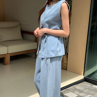 Coconi Denim Belted Blouse Two-Piece Set Sleeveless Elastic Waist Wide Pants