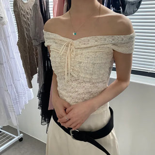 Rosely Ribbon See-through Flower Off-shoulder Bustier Sleeveless Top
