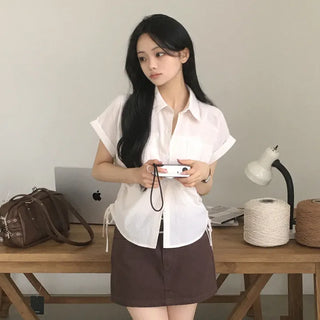 Seersucker Striped Side Shirred Roll-up Short Sleeve Shirt