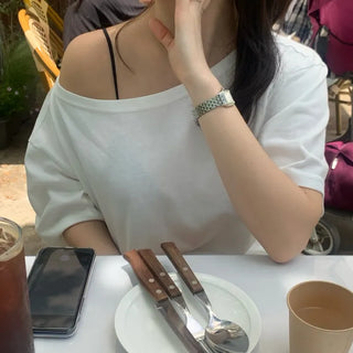 Asymmetrical Short Sleeve Off-shoulder Boxy T-shirt