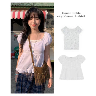 Yogurt Flower U-Neck Crop Short Sleeve Tee Summer Cap Sleeve Boat Neck Off-Shoulder Cutout Delicate Fit Inner T-shirt