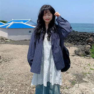 Meiko Seersucker Loose Fit Check Shirt Summer Salanta Big Size Oversized Cotton Long Shirt