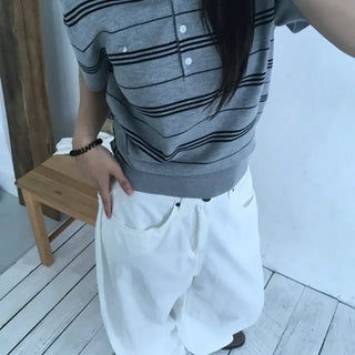 Near Striped Collar Short Sleeve Knit