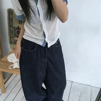 Check color block short-sleeve cardigan