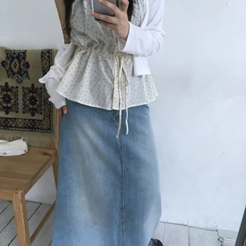 Cutout Maxi Long Denim Skirt
