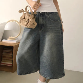 Fit Guaranteed, Vintage Washed Wide Knee-length & 6-length Loose Overfit Denim Bermuda Shorts