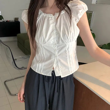 Nir Shirred Short Sleeve Blouse Cap Sleeve/Pintuck Blouse/Puff Blouse/Sleeveless/Elastic Waist Blouse/Cut-out Blouse