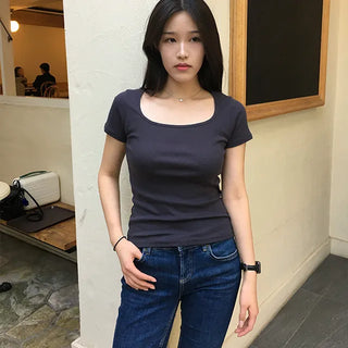 Deep U-neck Basic Short Sleeve T-shirt