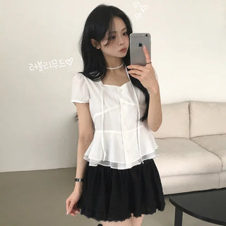 Heart Neck Tie Strap Lace Frill Double Layered Puff Flare Short Sleeve Blouse Summer Shirt, Styled as Choker & Waist to Your Preference