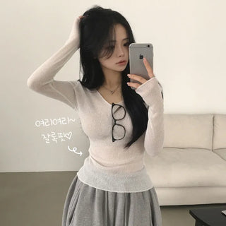 Back-of-Hand Covering Linen See-through V-Neck Cinched Waist Slim Fit Summer Long Sleeve T-shirt