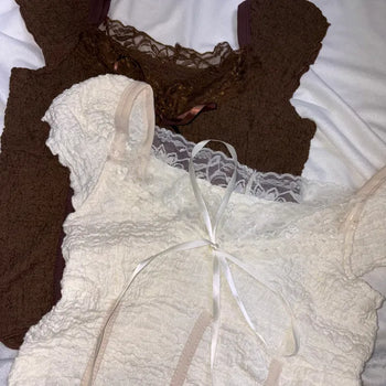 Wrinkle Lace Slim Top Short Sleeve Tee  Short Sleeve Summer Blouse Square Neck Lace Ribbon Shirring Crop Top Sleeveless Cap Sleeve Vintage Resort Y2K Bohemian Hippie Look Daily