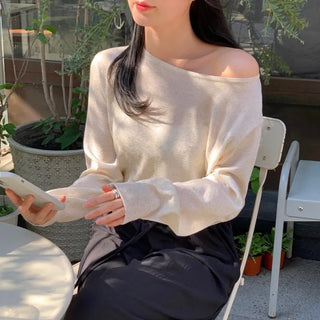 Kinel Linen Boat Neck Off-Shoulder Loose Fit Ribbed Knit