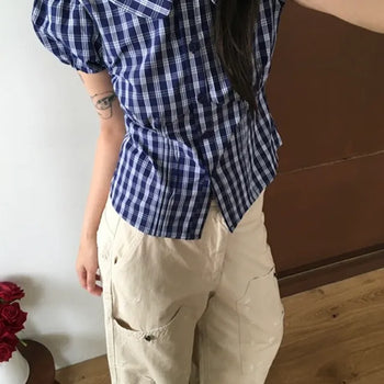 Round Puff Check Blouse