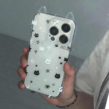 White and Black Cat Ear Transparent Full Cover iPhone Case