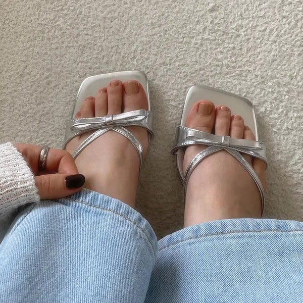Ellen Ribbon Kitten Heel   Summer Sandal Heels Ribbon Mules Silver Sandals Wedding Guest Shoes