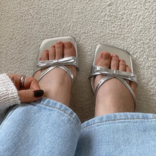 Ellen Ribbon Kitten Heel   Summer Sandal Heels Ribbon Mules Silver Sandals Wedding Guest Shoes