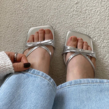Ellen Ribbon Kitten Heel   Summer Sandal Heels Ribbon Mules Silver Sandals Wedding Guest Shoes