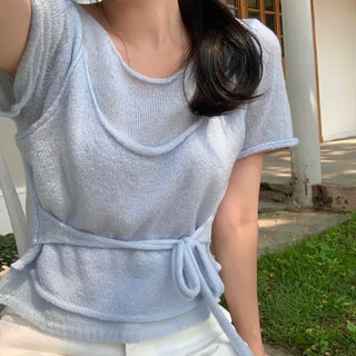 Daybell Ribbon Strap Bustier Short Sleeve Knit