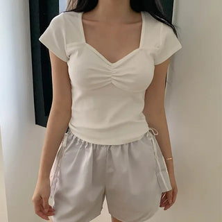 Heart Neck Shirred Veil Short Sleeve Tee