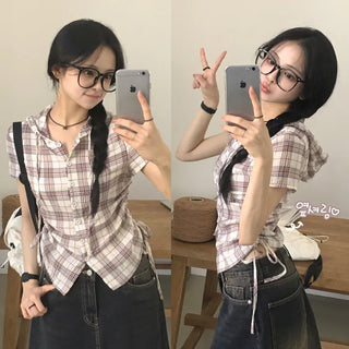 Full of Cuteness, Hooded Check Shirring Delicate Fit Summer Short Sleeve Shirt