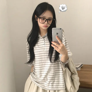 Contrast Collar Button Stripe Boxy Loose Fit Short Sleeve T-shirt