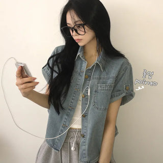 Delicate~ Slimming, Vintage Washed Pocket Roll-up Loose Fit Denim Shirt/Denim Jacket Denim Shirt