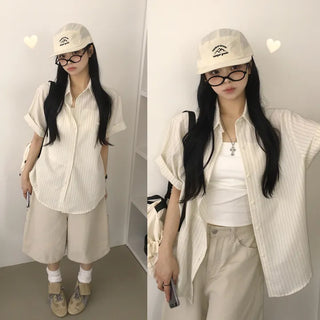 Pinstripe Pendant Collar Loose Fit Boxy Gauze Summer Shirt Short Sleeve