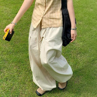 Almond Cotton Rivet Balloon Elastic Waist Pants Summer Maxi Long Cut Wide Plus Size Unisex Pintuck Drawstring Cotton Pants