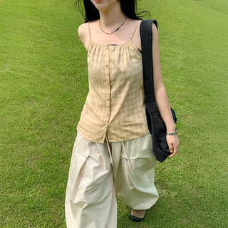 Louvre Check Sleeveless Blouse Vintage Layered Button Sleeveless Summer Strappy Vacation Look Crop Top