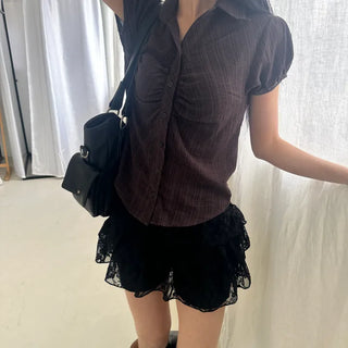 Sheer Check Chest Shirring Slim Fit Puff Short Sleeve Shirt