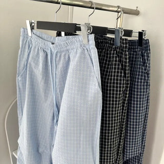 Airy Seersucker Check Elastic Waist Parachute Wide Pants