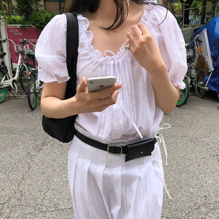 HERE Women's Frill Short Sleeve Loose Fit String Summer Blouse
