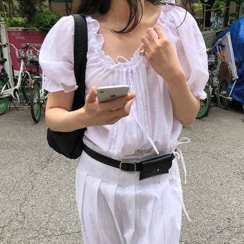 HERE Women's Frill Short Sleeve Loose Fit String Summer Blouse