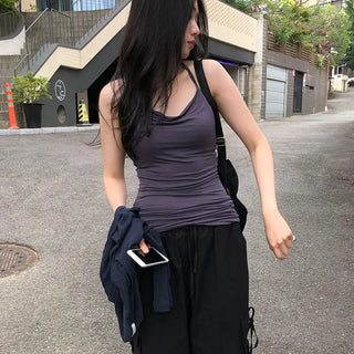Glue Women's Halter Neck Slim Fit Shirred Drape Spring Summer Sleeveless