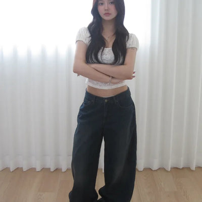 Embossed Cat Mud Jeans Wide Dark Blue Denim Pants