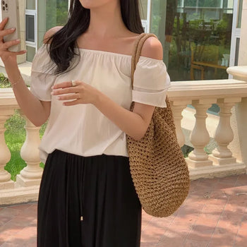 Flap Shirred Elastic Off-Shoulder Short-Sleeve Blouse