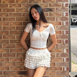 Miko Delicate Lace Small Floral Print Crop T-shirt