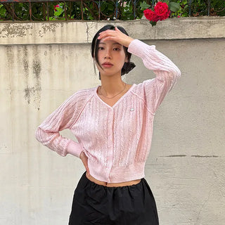Leru Pastel Boucle Summer Cable Knit Cardigan