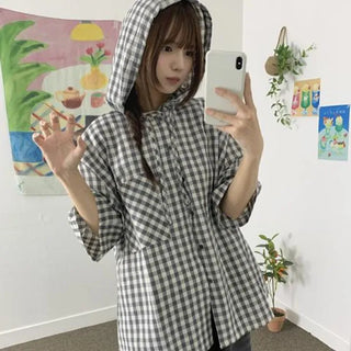 Yorkie plaid hoodie boxy short-sleeve shirt