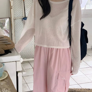 See-through Delicate Summer Loose Fit Long Sleeve Knit Tee  Rainy Season