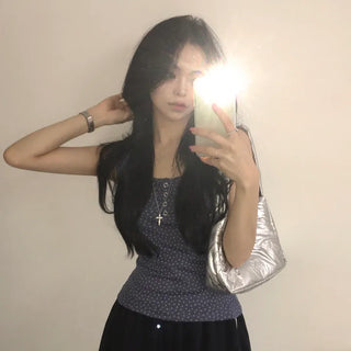 Hip Mood, Star Print Toto Button Square Neck Delicate Slim Fit Sleeveless