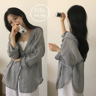 Double the cuteness with the hood, cool thin gauze small check oversized hooded summer shirt