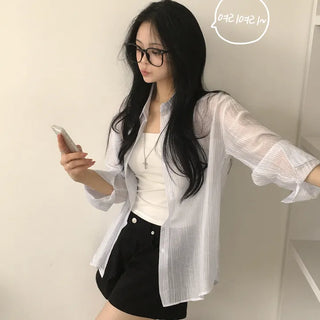 Thin gauze see-through striped, protective-instinct oversized must-have summer long-sleeve shirt to protect your skin from the sun