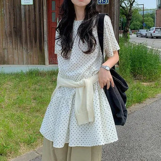 Natsuki Dot Short Sleeve Midi Dress, Polka Dot Layered Shirring Round Neck A-Line Flare Frill Mini Dress