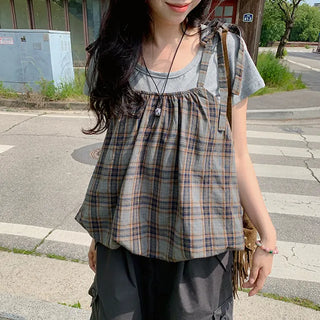 Se-ah Check Balloon Sleeveless Blouse Layered Adjustable Ribbon Tartan Vintage Strappy Sleeveless Bustier