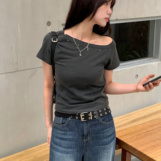 Studded Pigment One-Shoulder T-Shirt 2 Colors