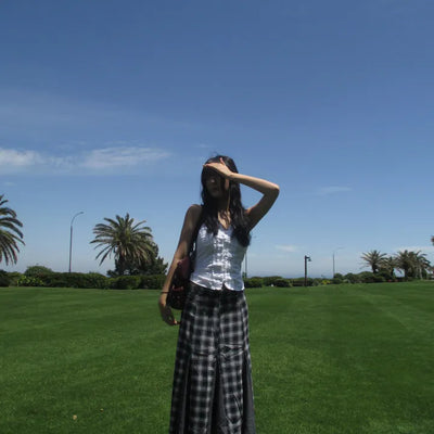 Mixed check long skirt